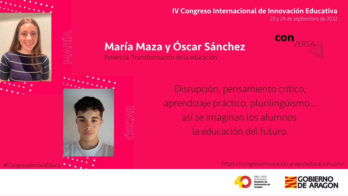 innoeducacion's tweet photo. 👉 María Maza y Óscar Sánchez son alumnos de Bachiller del @IesLucas  de Huesca. En el IV #CongresoInnovaEduca participarán como congresistas y como ponentes, representando la voz del alumnado. https://t.co/GCJpQaaTXF