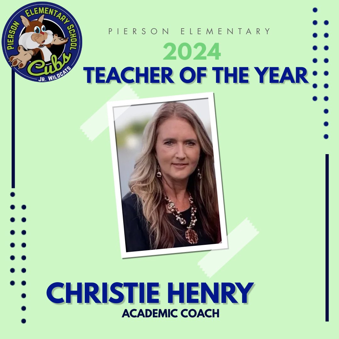 We are so excited to announce Mrs. Christie Henry as Teacher of the Year for Pierson Elementary🎉🤗 Please join us in congratulating her on this well deserved recognition💚