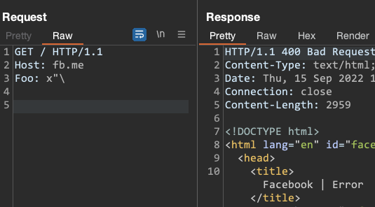 Facebook's servers give a mystery error if you send any HTTP header that contains " and ends in \. But not if you omit the " or the \ isn't at the end 🤔

This cryptic and likely pointless finding was brought to you by Backslash Powered Scanner
portswigger.net/research/backs…