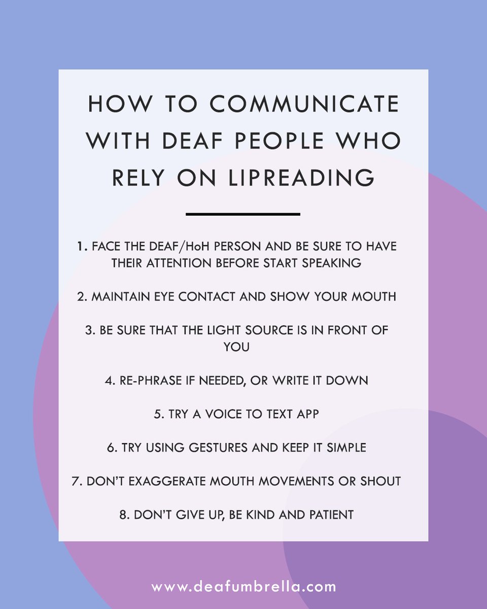 DeafUmbrella's tweet photo. There are things you can do to make life a bit easier for deaf/hard of hearing people who rely on lipreading. These small things can mean a lot to someone and can make a huge difference.⁠
#LipreadingAwarenessWeek https://t.co/7OIyYqzzqy