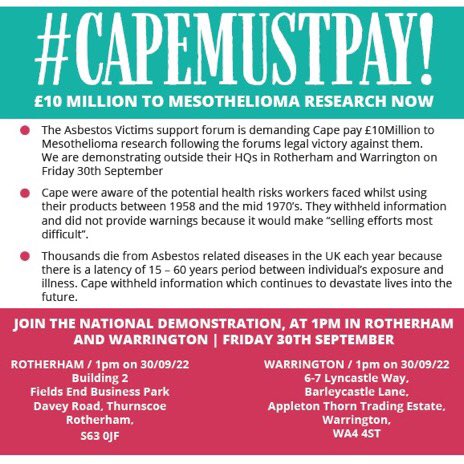 DaveBlacklist's tweet photo. Cape #Asbestos covered up the health risks of their product. They put profit before people’s lives. The company is responsible for hundreds of thousands of deaths.
#CapeMustPay for research into Mesothelioma. Join the protests on Friday 30th September.
#ZeroAsbestos https://t.co/Fg5XYJmTfy