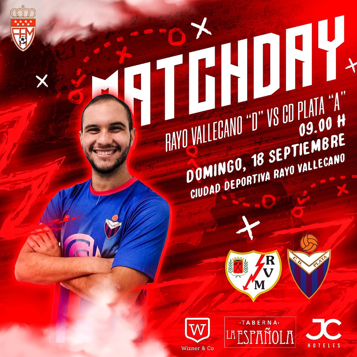 📣| 2ª Jornada

🏆 3ª Regional Grupo 17
📆 18/09/2022
🕰 09:00h
🆚 Rayo Vallecano de Madrid “D”
🏟 Cdad. deportiva Rayo

Sponsor oficial <a href="/JCHoteles/">JC Hoteles</a> 

#SigamosHaciendoHistoria
#VamosPlata!!🔵🔴
#GenteValiente
#PlataAfiA