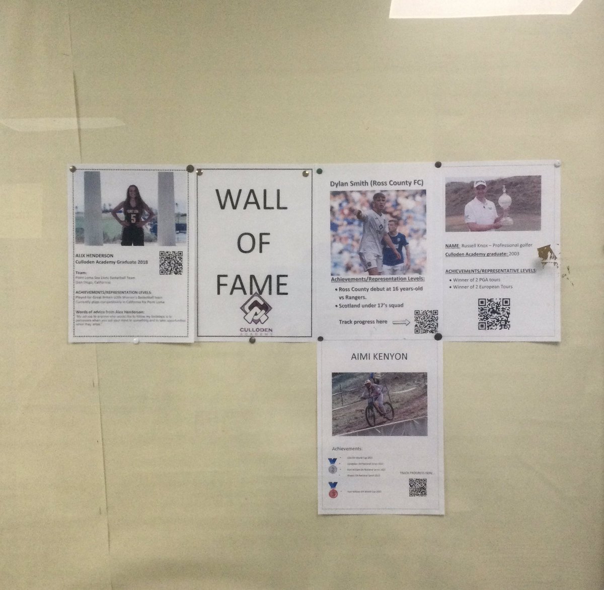 CullodenPE's tweet photo. We have started a wall of fame in our PE department and are aiming to fill the board!! Can you think of any more ex Culloden pupils that are excelling in any sport??🏅🏆 #russellknox #dylansmith #alixhenderson #aimikenyon https://t.co/ZPuOIh1PTG