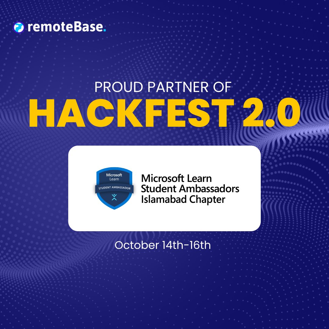 RemotebaseHQ's tweet photo. We are proud to announce our esteemed partner @MLSAIslamabad.

We are excited to have them as out partners for HackFest 2.0 - Build The Remote World!

Register Here: https://t.co/piEMn7bNzH
Hackfest Website: https://t.co/0vOSJ98Eos

#Hackathon #code #SoftwareEngineer #Hacking https://t.co/JvNy7tDTC8