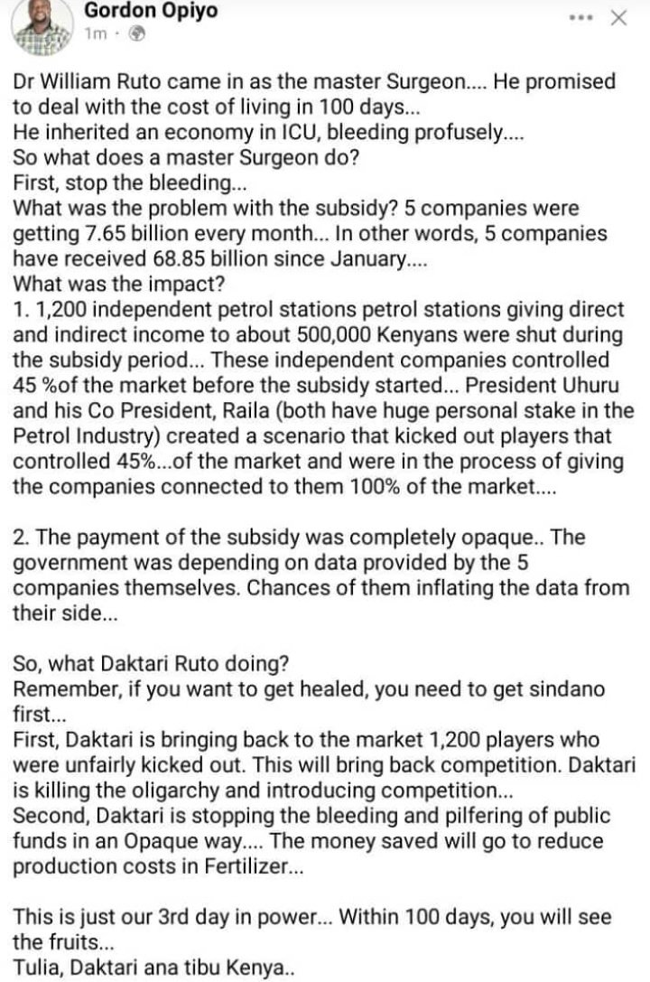 Any time you find yourself in a hole, the best and wisest decision to do is to stop digging any further. Stopping the opaque and shady subsidy was/is part of not deepening the hole. 

Trends: 
Rubis Moses Kuria Ksh 20 Riggy G Reuben Kigame David Ndii