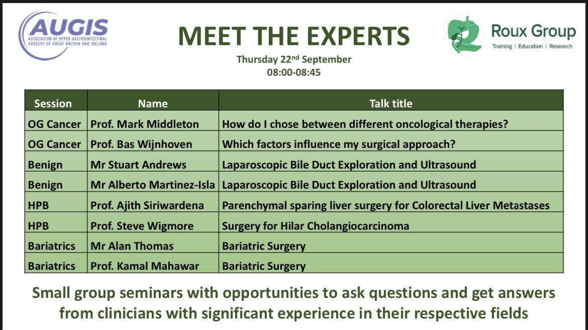roux_group's tweet photo. Don’t miss this opportunity to meet the experts and discuss important topics in different UGI specialties at #AUGIS22. Thursday 22nd 8 am. @stevewigmore @kmahawar @ProfW_edinsurg @MrStuartAndrews @bplwijn @Augishealth https://t.co/s0BO85rGwL