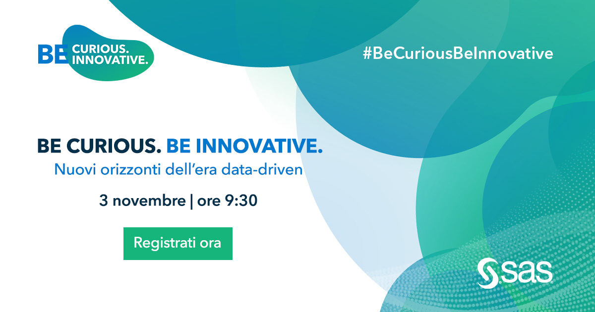 SASitaly's tweet photo. Il 3 novembre #BeCuriousBeInnovative riunirà la community di innovatori, manager e professionisti, per condividere creatività e ingegno nell’affrontare le sfide di questo tempo, mettendo al centro l’approccio data driven. Scopri di più e registrati: https://t.co/5wLUJmx7F3 https://t.co/YbFNrvDJZo