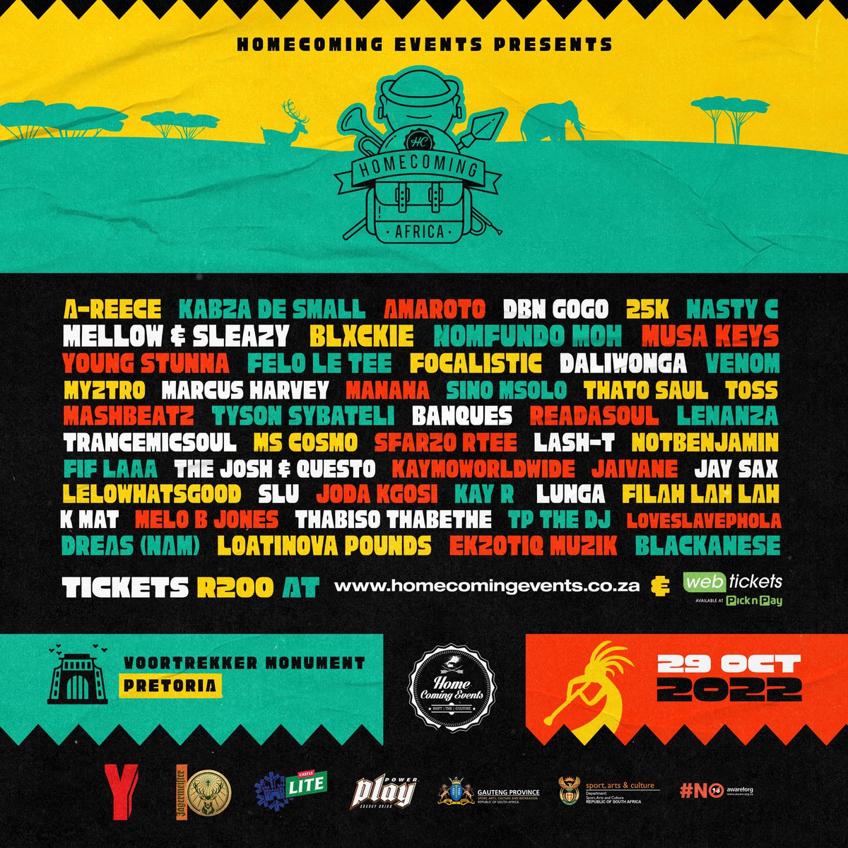 As we return to the home where it all began, it’s only right we do so with with people who have shaped and continue to shape the Cradle of Music today🔥! 

Tickets available for R200 at Homecomingevents.co.za, Webtickets and at Pick n Pay. #HomeComingAfrica #CradleOfMusic