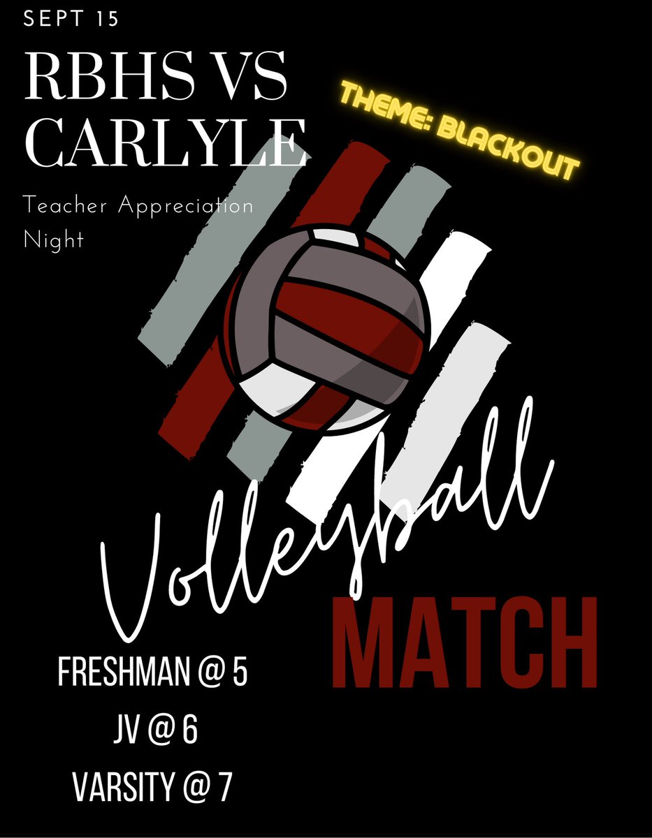 rbhsvball's tweet photo. It's #GAMEDAY #CahokiaConference
πΒ» @rbhsvball
π Β» Carlyle
π
Β» September 15
β° Β» Freshman @ 5pm Jv @ 6pm Varsity @ 7
π Β» Red Bud High School πΒ» β«οΈβ«οΈβ«οΈTheme Blackout
#RedBud132 | #GameDay https://t.co/1f8457zx8F