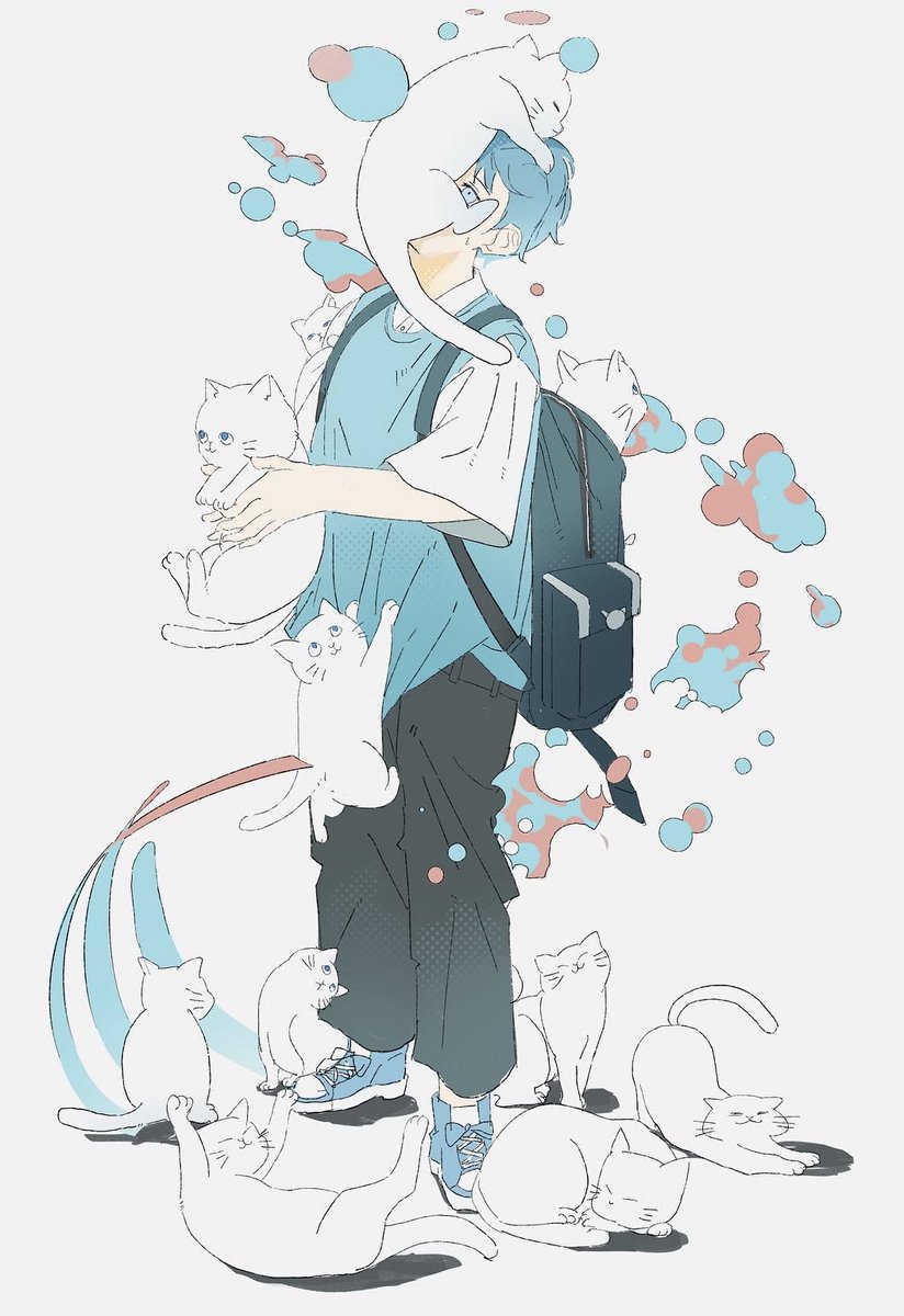 1boy cat male focus bag pants backpack shirt  illustration images