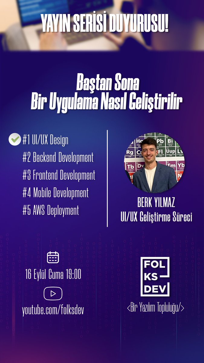 c__dursun's tweet image. #Folksdev YouTube kanalımızda yepyeni bir seriye başlıyoruz.Uçtan uca bir uygulama yaşam döngüsünü anlatacağımız bu serinin ilk yayınında Berk Yılmaz UI/UX süreçlerini anlatarak uygulamamızın tasarımı yapacak.
Yarın akşam saat 19:00da youtube.com/folksdev kanalımıza bekliyoruz