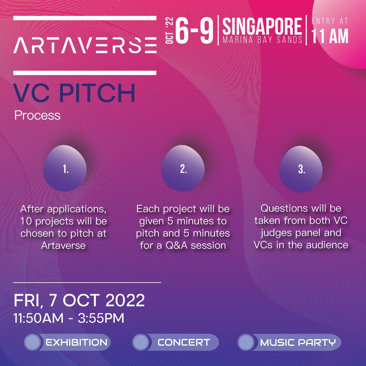 ARTAVERSE will be hosting a massive VC Pitching session with a panel of 6 esteemed judges for some of the hottest up-and-coming projects on NFT, Web3, GameFi, and more! 

Don't miss out on your chance to discover the biggest upcoming projects! Sign up for ARTAVERSE now!