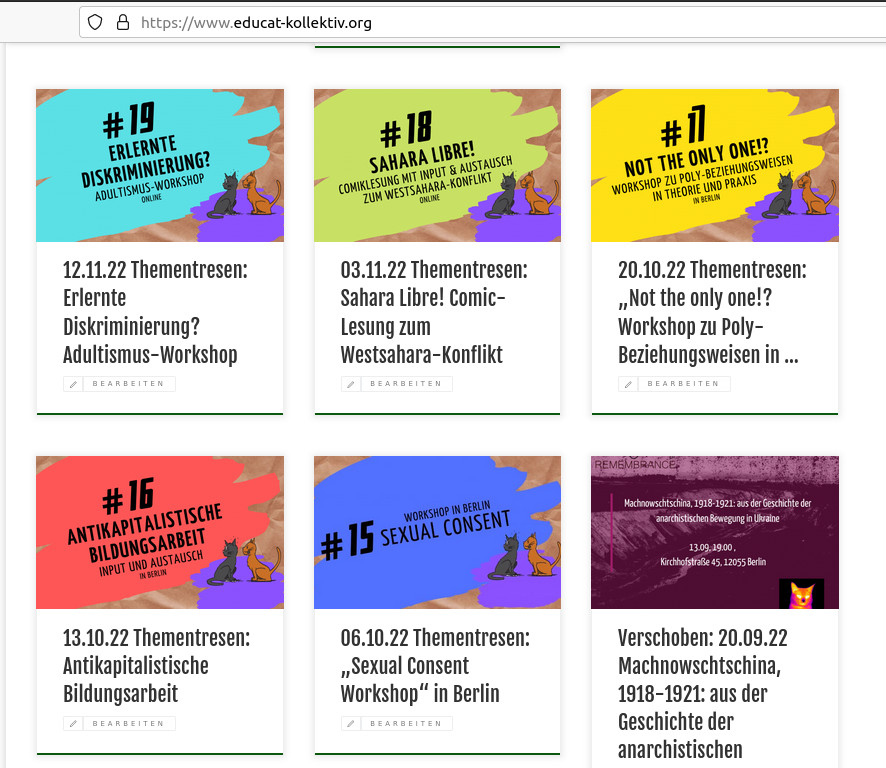In der Veranstaltungsreihe #Thementresen machen wir regelmäßig mit Kolleg*innen zusammen Bildungsangebote zu unterschiedlichsten Themen. Demnächst z.B zu PolyBeziehungsweisen, antikapitalistischer Bildungsarbeit oder dem Westsahara-Konflikt - alle Infos: educat-kollektiv.org