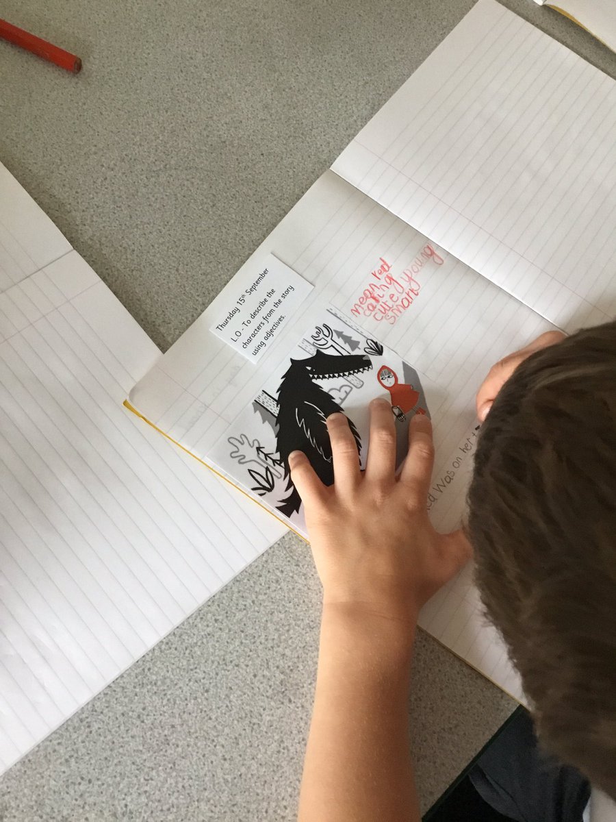 MrsKGarnett's tweet photo. Willow Class have been working hard in English this morning, we have been using adjectives to describe Little Red! We even had a go at trying to look just as mischievous! 👀 #SJKWillow #TeamWillow @bethanwoollvin #SJKEnglish https://t.co/ncQfvF3x4P