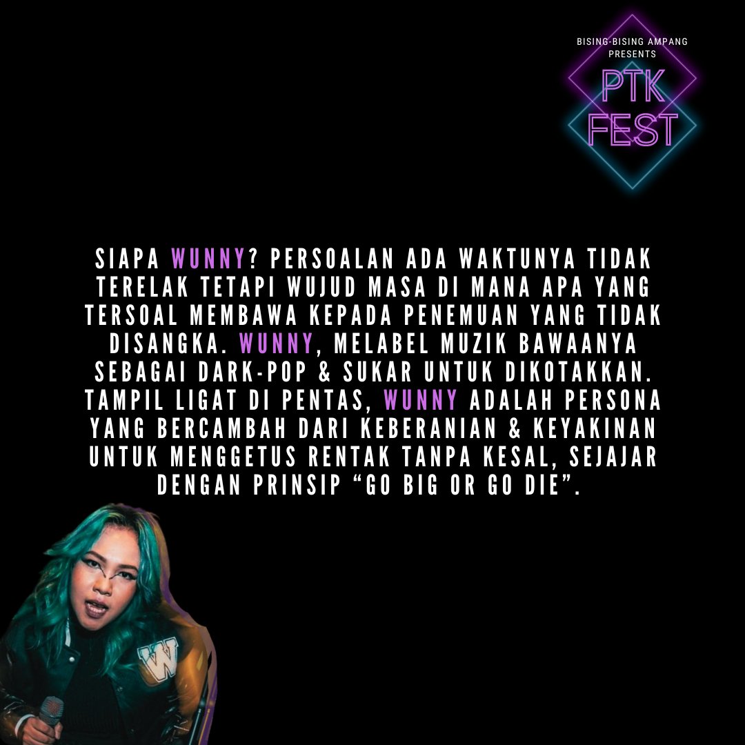 Selamat petang semua! Say hi to <a href="/wunnymusic/">syzwnym</a> 
  
Trivia: Kali terakhir Wunny beraksi di Garage adalah pada tahun  2019, ketika dia masih bersama Last Heart Beat. Kali ni, Wunny tampil berbeza, nak tahu macam mana, jom kita join PTK Fest AHAD ni!