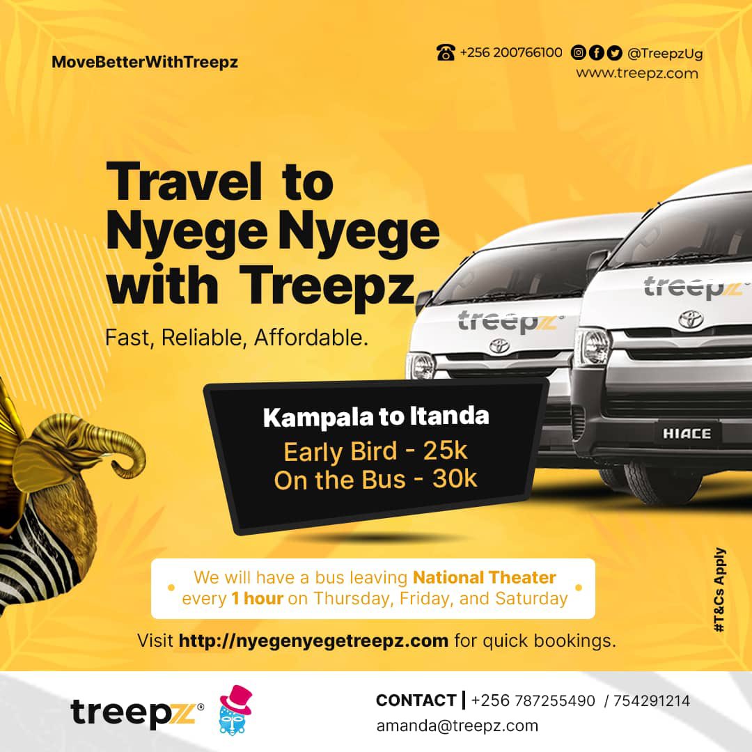 meemetabitha's tweet photo. It’s going down today! 
Yes Nyege nyege is today but don’t forget you can still head there on other days @TreepzUg is ready to transport you to Itanda
You pay cash at the national theatre on Dewinton road
OR
Call 0754291214 and 0787255490
#NyegeNyegeTreepz 
#MovebetterwithTreepz https://t.co/l1gh1VMCMf