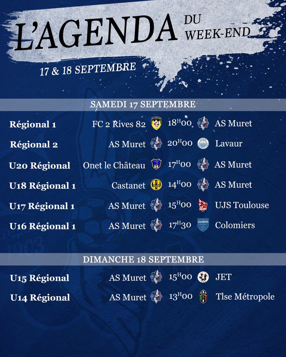 ASMuret's tweet photo. 🗓 L’ᴀɢᴇɴᴅᴀ ᴅᴜ ᴡᴇᴇᴋ-ᴇɴᴅ
#Championnat #Compétition #LigueDeFootballOccitanie #Matchs #WeekEnd #Agenda
#ASMuret 🔵🔴 https://t.co/BTTLBpZoyX