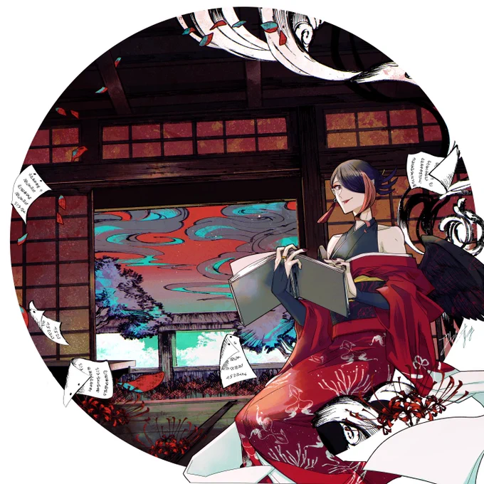 【 #Skeb 】煙と花びらで彩られた現世ならざる窓辺にて。妖怪旅館の妖しく美しい主さんを描かせていただきました。リクエストありがとうございました! #illustration 