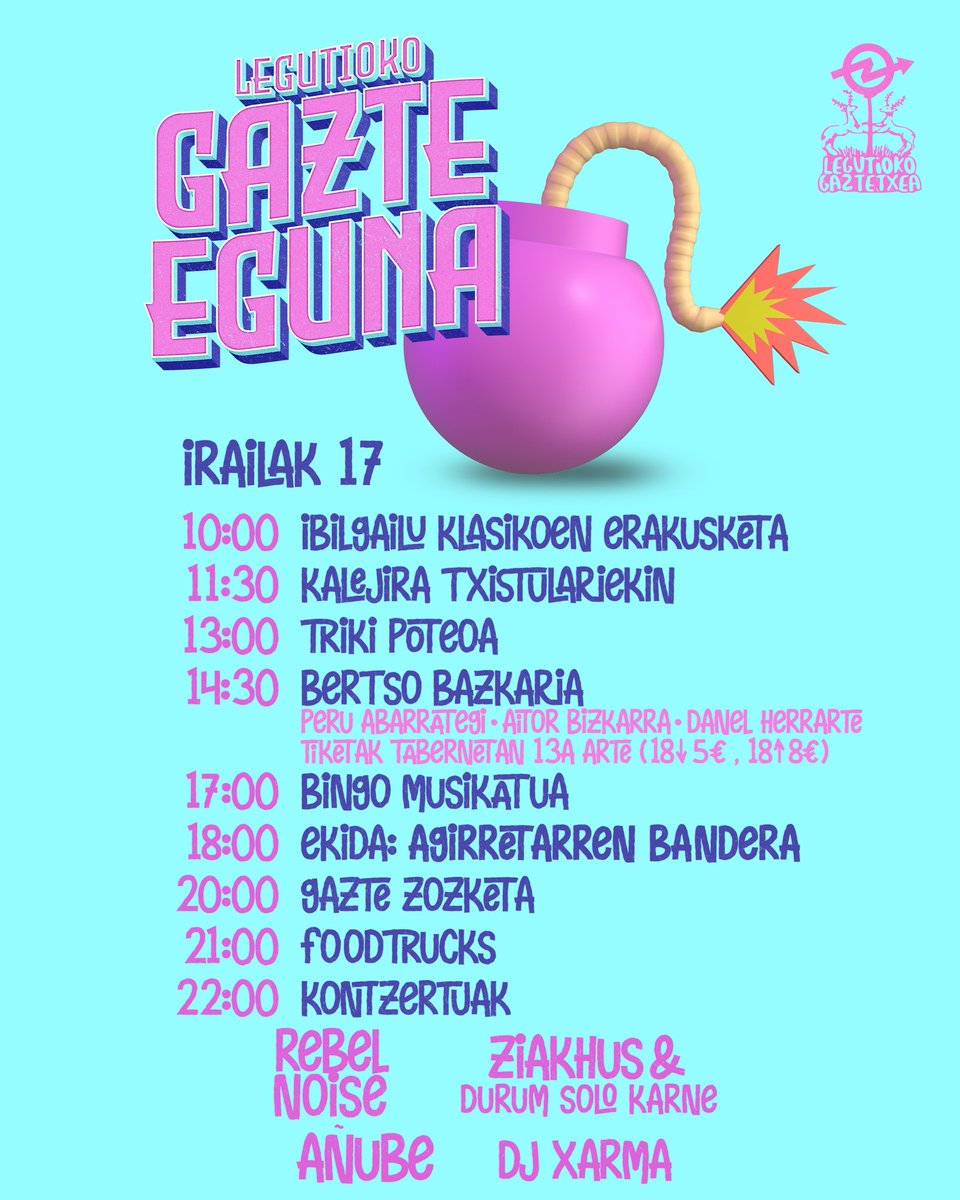 LegutiokoGA's tweet photo. Aurrera doaz Legutioko jaiak! Larunbatean, gazte eguna ospatuko dugu, Legutioko jaien baitan.

Adin guztietarako egitarau oparoa osatu dugu eta beraz, asanbladatik hurbildu eta ekimenetan parte hartzeko deia luzatzen dizuegu.

17an ikusiko dugu elkar🤟🏻🤟🏻 https://t.co/hjqpf8FNKo