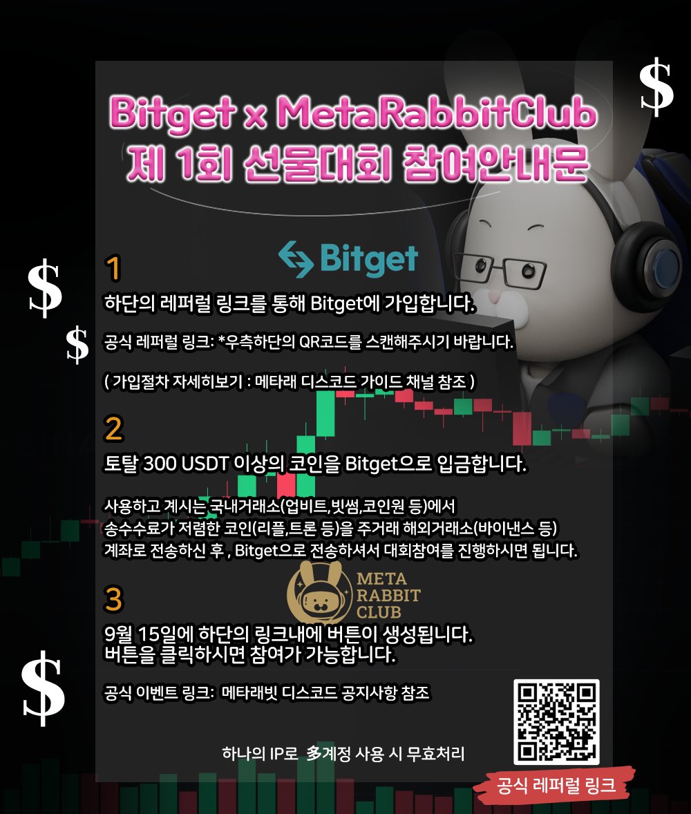 MemoryKong's tweet photo. Bitget X MetaRabbitClub 제 1회 선물대회입니다.
총 상금 : 1,400만원(한화 기준)
* 대회신청기간: 9월15일 ~ 9월 25일
참여방법: 공식 레퍼럴 링크 및 첨부 그림설명 확인!!!
공식 레퍼럴 링크:
 https://t.co/Ba4lPx6ocH 
자세한 참여 방법은 디스코드에서 확인하세요^^
https://t.co/9uyUiCAmNI https://t.co/1lzNtqSJUH