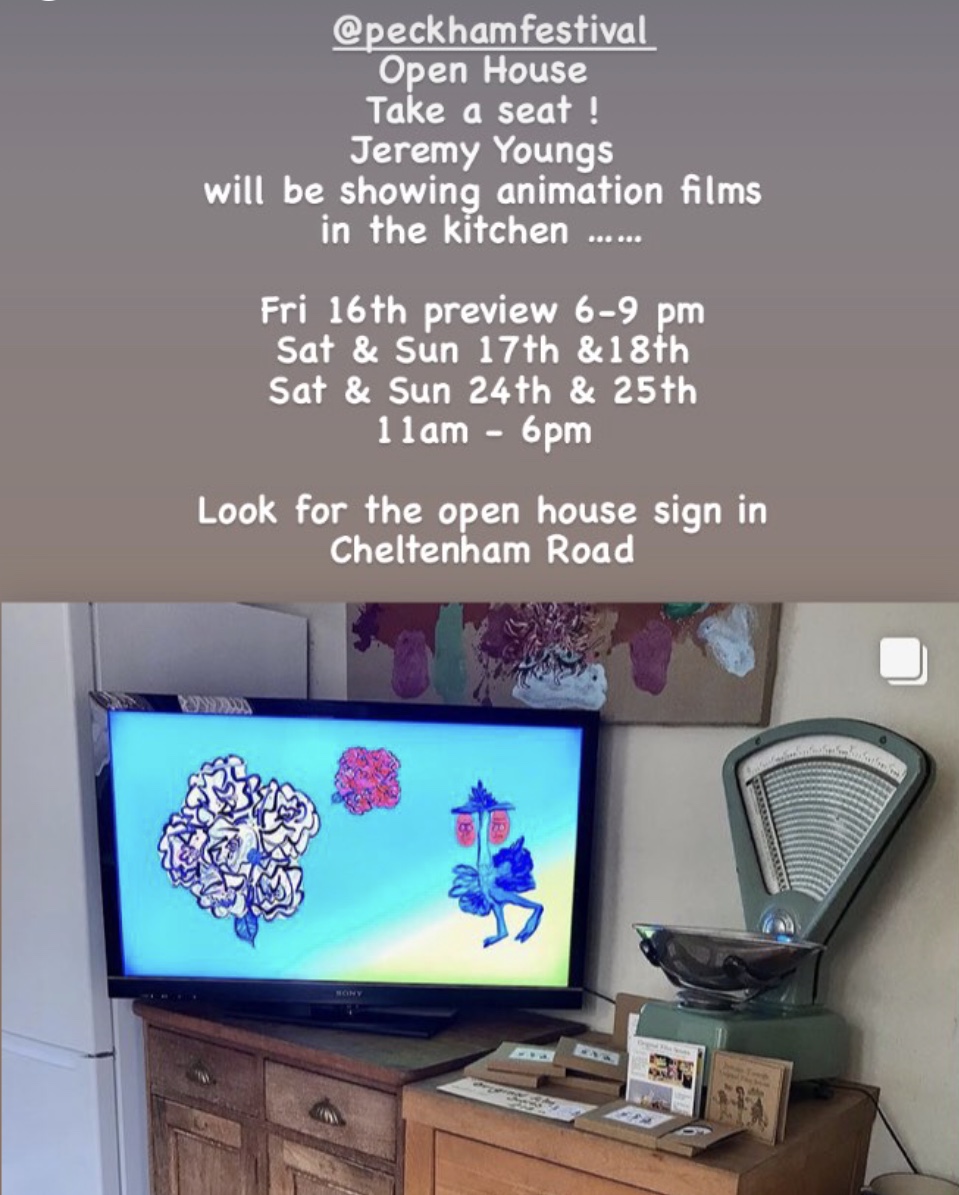 Jeremy Youngs will be showing his animation films at our open house, audio CDs of the original film scores will be on sale.
Fri 16th 6-9pm 
Sat &amp; Sun 17th &amp; 18th, Sat &amp; Sun 24th &amp; 25th
11am-6pm.  More details at peckhamfestival.org 
#jeremyyoungs #animation #films #filmscore