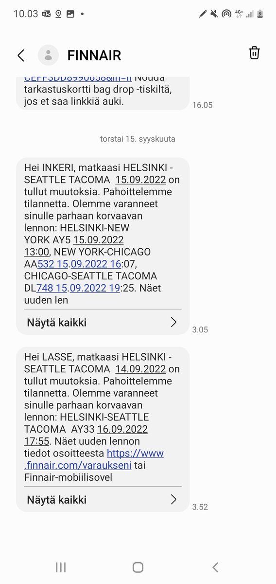 Seattlen lentomme peruunnuttua <a href="/FinnairSuomi/">Finnair</a> reititti 9-vuotiaan tyttäreni yksin New Yorkin ja Chicagon kautta menevälle lennolle ja minut vuorokauden myöhemmin lähtevälle lennolle. Asiakaspalvelu ei korjannut, jolloin jouduin ostaa uudet liput. Vaikea ymmärtää.