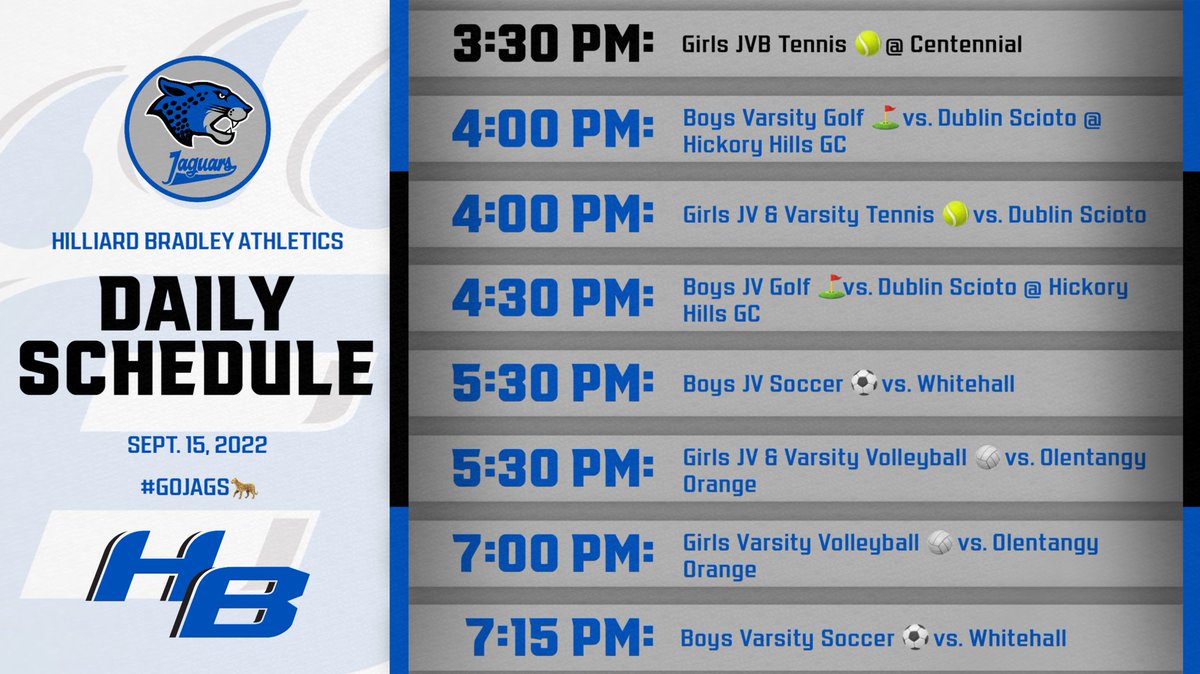 Today’s Events | 9/15/22 🐆

<a href="/BradleyHSSoccer/">Bradley Boys Soccer</a> <a href="/HBBoysGolf/">Bradley Boys Golf</a> <a href="/HBJagsVball/">Hilliard Bradley Lady Jags Volleyball</a> <a href="/HBHS_TheJungle/">HBHS Student Section</a>