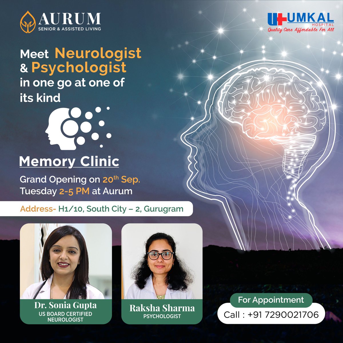 AurumLiving's tweet photo. #Aurum brings the first session of the #memoryclinic on 20th September. Visit to meet #neurologist & #psychologist under one roof.
#Seniors #SeniorCareAtAurum #AurumLife #Gurgaon #Safehaven #AssistedLiving #Carefree #StressFree #newcareunit #alzheimers #dementia #memorycare https://t.co/xzq6Hh7eug