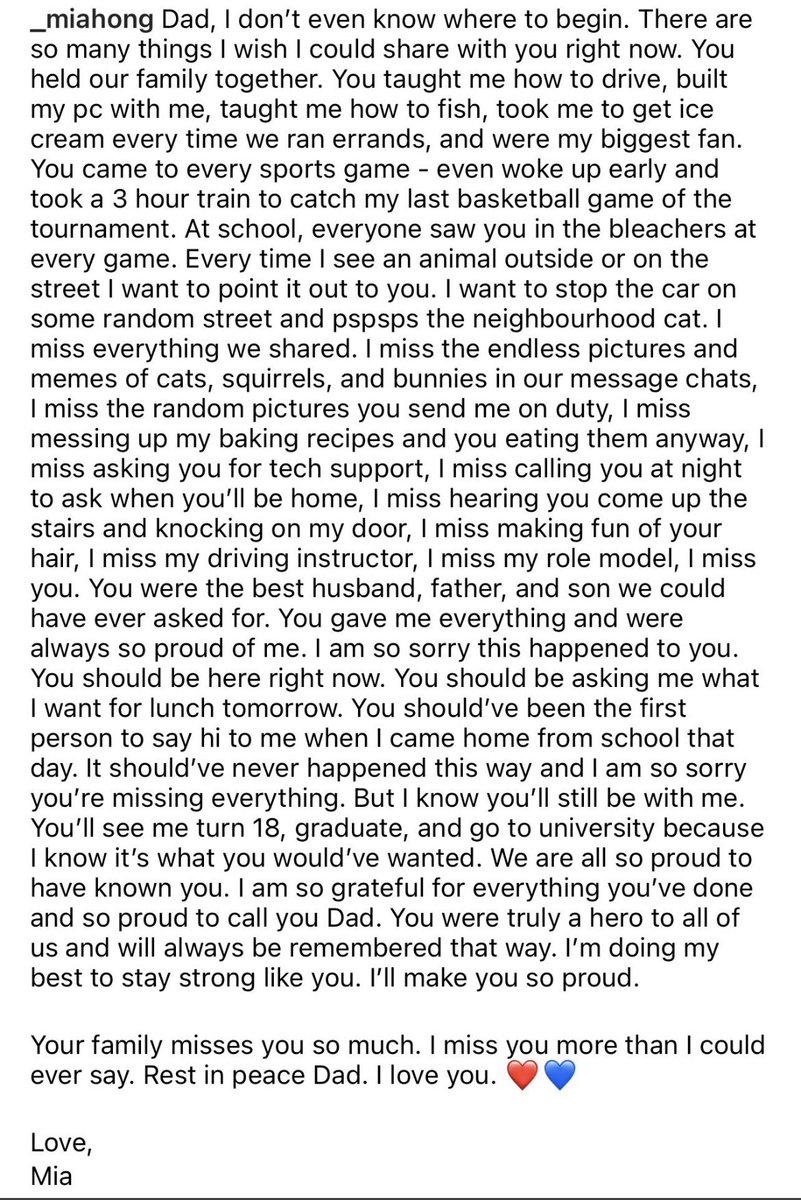 SimonDingleyTV's tweet photo. Heartbreaking Instagram post from the daughter of murdered Toronto Police officer Andrew Hong. (Via: @livingbyyyz &amp; @rvr600 ) https://t.co/FIJy9pa7Mn
