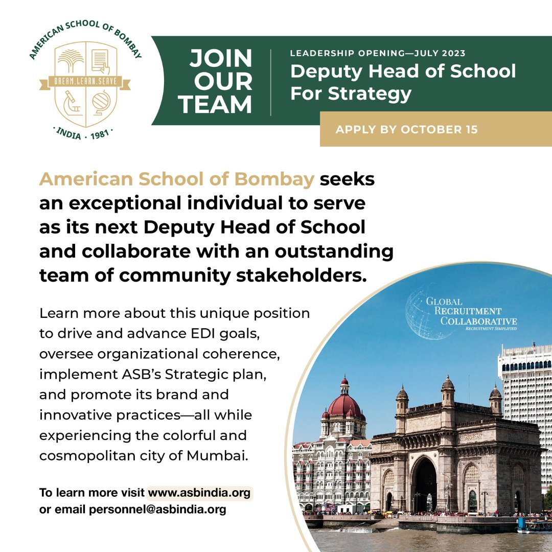 Amazing leadership opportunity to work at an innovative school that creates a culture of inquiry and fosters curiosity encouraging risk-taking and the added benefit of living in Mumbai. Learn more at asbnidia.org. 
<a href="/ASBIndia/">The American School of Bombay</a> <a href="/GrcFair/">GRC</a> #GRCLeadershipSearch