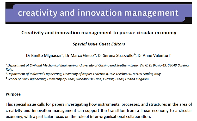 BenitoMignacca's tweet photo. Happy to share with you our call for papers "#Creativity and #innovation #management to pursue #circulareconomy" @AnneVelenturf @DrMarcoGreco 
Window submission: 30 January 2023 to 30 July 2023. Please see https://t.co/TVWilhc7U1 for further details. Feel free to get in touch! https://t.co/CRnraeOQy1