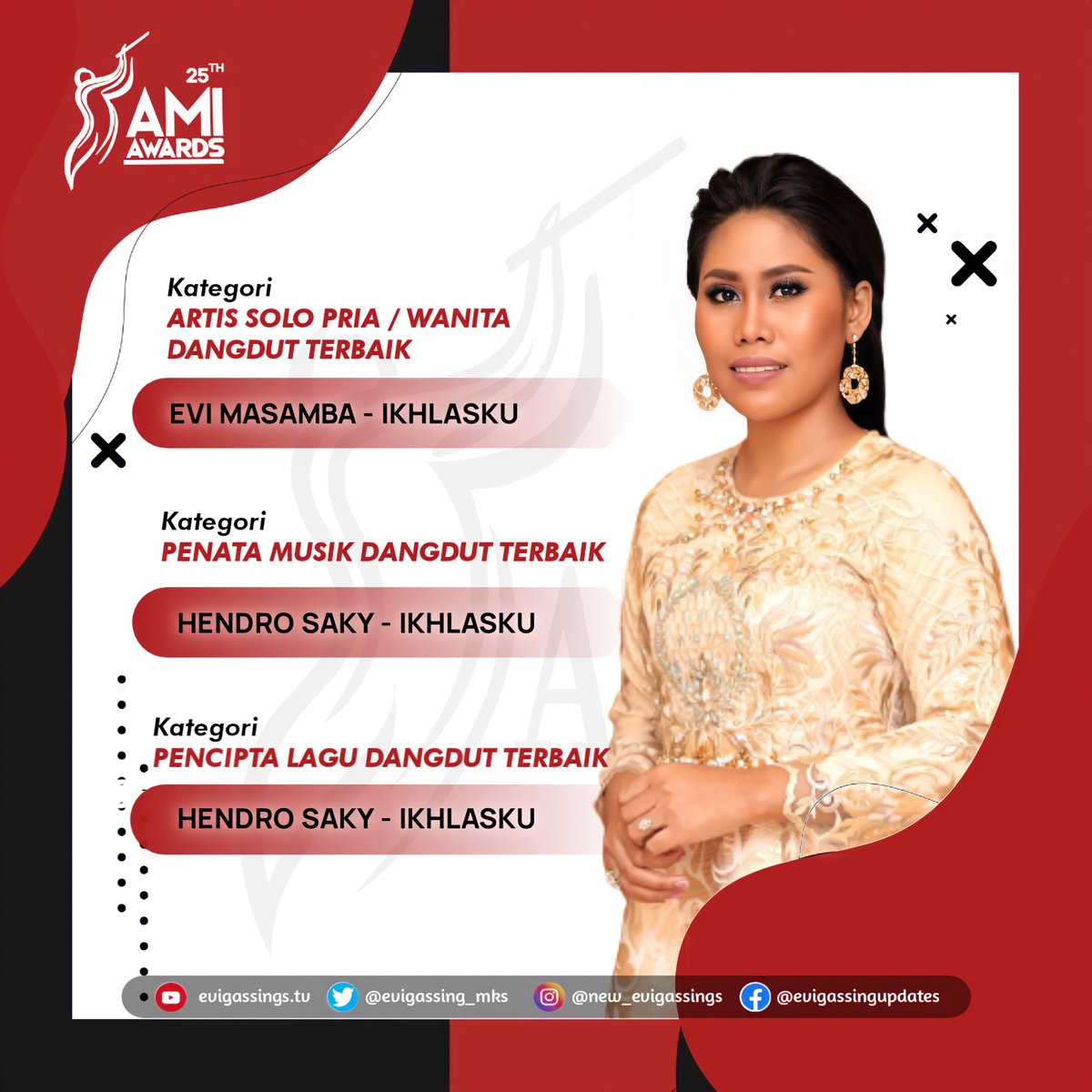 Selamat untuk queen <a href="/DA2_Evi/">EVI_MASAMBA_REAL</a> dan ayah hendro saky Untuk tiga nominasi di <a href="/AMIawards/">AMIawards</a> 2022 ❣️

#EviMasamba #evigassingindonesia #25ThAmi #25ThAnugerahMusikIndonesia