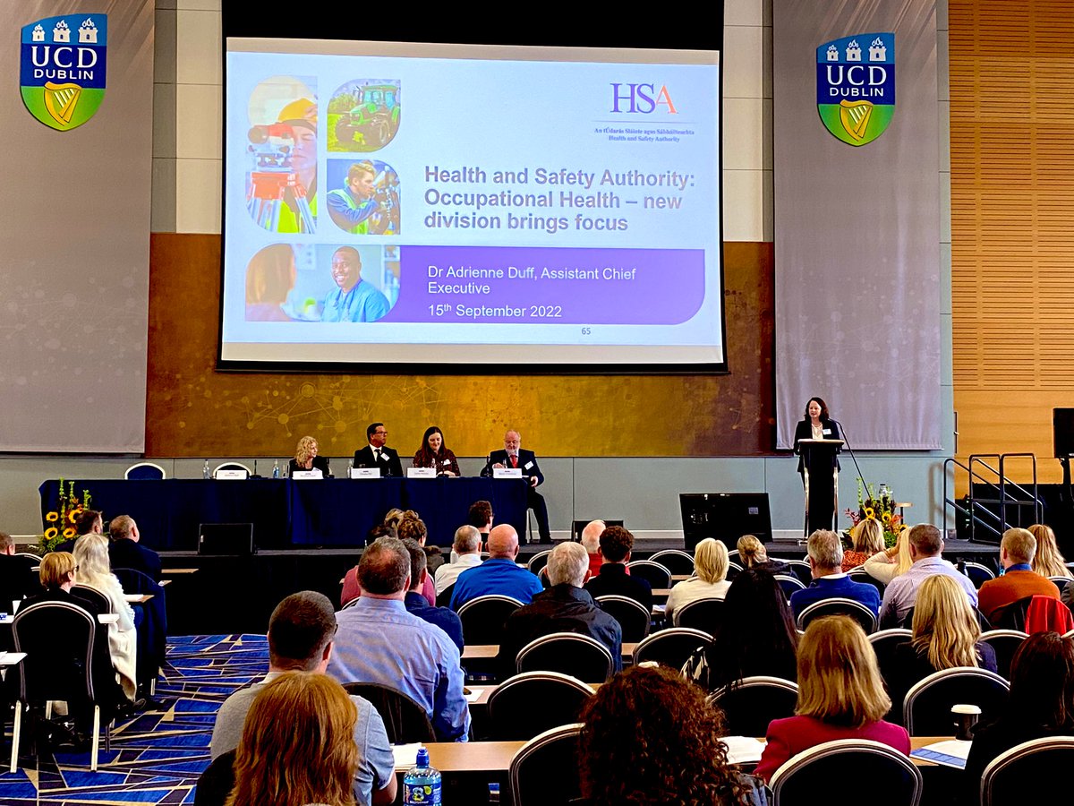 TheHSA's tweet photo. Dr Adrienne Duff, Assistant Chief Executive with @TheHSA speaking at the Health &amp; Safety Review Conference in @ucddublin today on the renewed focus of occupational health within Irish workplaces. #HSRC22 https://t.co/ScIBE6vQ1q