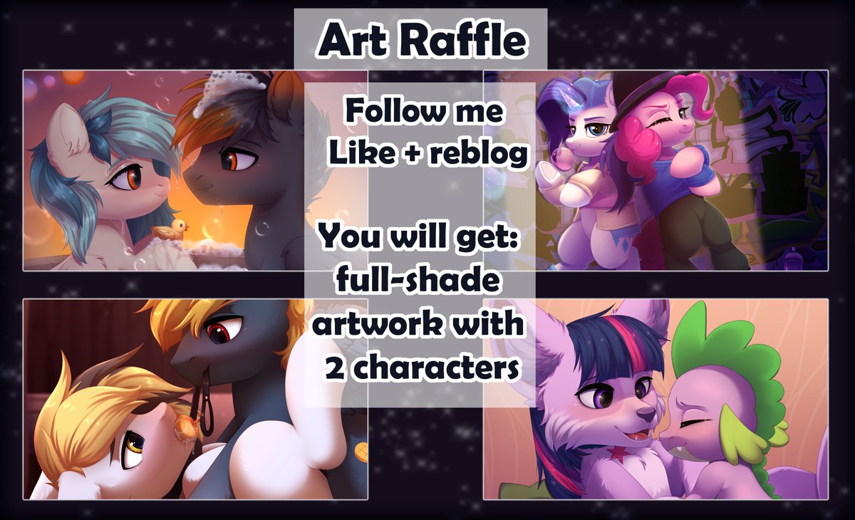 Art Raffle ✨💘🌈

- follow me ✨
- like + reblog 💘

You will get: full-shade artwork with 2 characters

The result will be on October 10th
Good luck!! ~ 🍀⭐️🔥

#nsfw #pony #furry #furryart #lottery #yiff #brony #mylittlepony #ArtRaffle #sfw