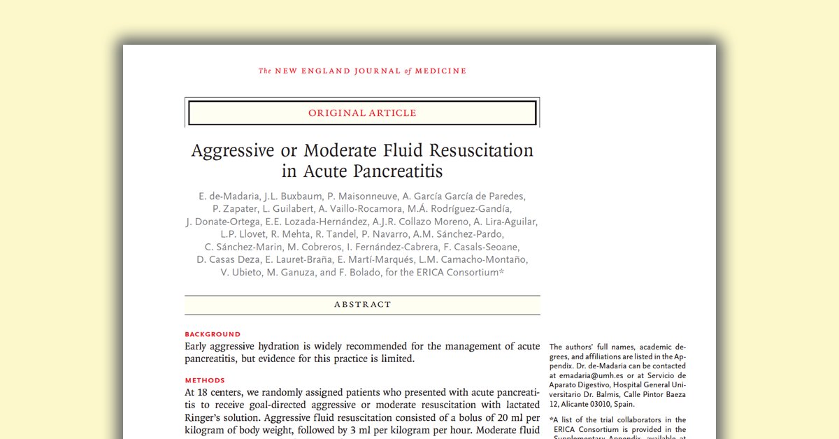 In a randomized trial involving patients with acute pancreatitis, early aggressive fluid resuscitation resulted in increased fluid overload without improvement in clinical outcomes. nej.md/3eJfiJy