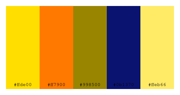ColPaletteBot's tweet photo. Beep beep, here's a pretty color palette for you!
color-scheme.js parameters used:
- hue: 251
- variation: hard
- colors: #ffde00, #ff7900, #998500, #0b1370, #ffeb66
Have a lovely day!
#twitterbot #colorpalette #colors #palette #prettycolors https://t.co/wrR2dO3Nb5