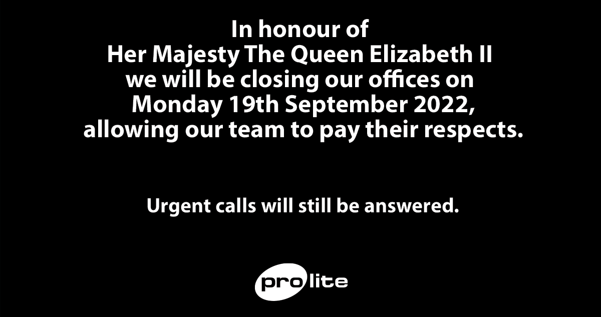 In honour of Her Majesty The Queen Elizabeth II, we will be closing our offices on Monday 19th September 2022, allowing our team to pay their respects.

We will reopen as normal on Tuesday morning.