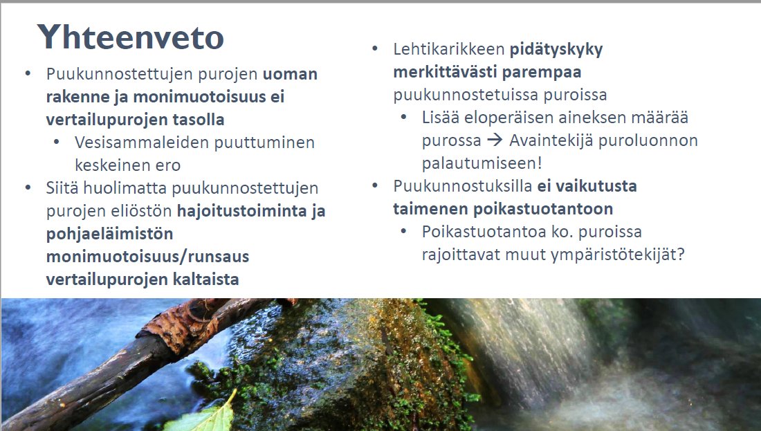 Purokunnostusten yhteydessä on tärkeää lisätä uomaan puuta, joka kohentaa puroekosysteemille tärkeitä toimintoja, kuten eloperäisen aineksen pidätystä ja hajotusta. Se myös parantaa pohjaeläimistön runsautta ja monimuotoisuutta,totesi <a href="/JJJussi/">Jussi Jyväsjärvi</a> <a href="/UniOulu/">University of Oulu</a> #Freshabit #puro #kunnostus
