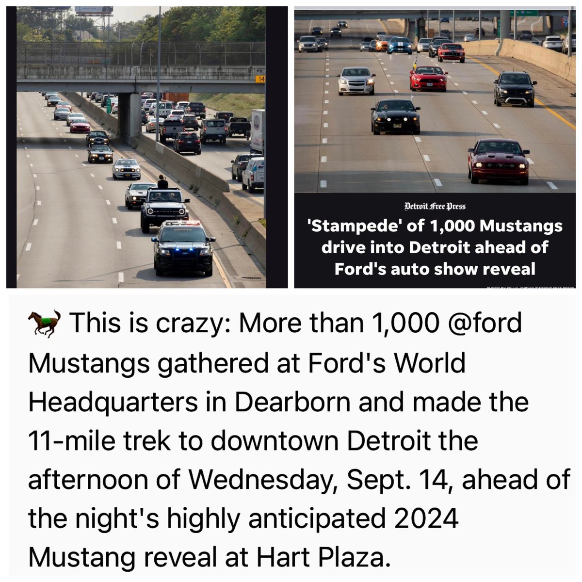teresahayward70's tweet photo. So flippen’ cool!! The Pony Parade @Ford @UniforTogether #ponyride #ford #fordmustang #local200 #DetroitAutoShow2022 #MustangStampede #windsorbuilt #windsorbuilt5litre #mustang2024 #mustang https://t.co/5gKTC5SsxX