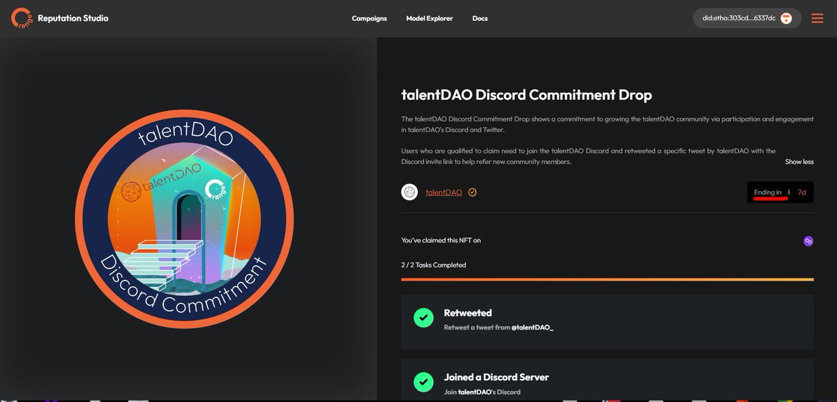 AirdropsCaptain's tweet photo. 🍊@OrangeProtocol x @talentDAO_ Campaign🍊

New campaigns on #OrangeProtocol website.
Claim the #NFTs on @0xPolygon Network 👇

1. Connect: https://t.co/92Lx6BmHNS
2. Management &amp; Add wallet(s)
3. Verify Discord &amp; Twitter
4. Campaigns
5. Complete all &amp; Mint
6. Done ✅

⏰: 7 Days https://t.co/vUmzhY8lqw