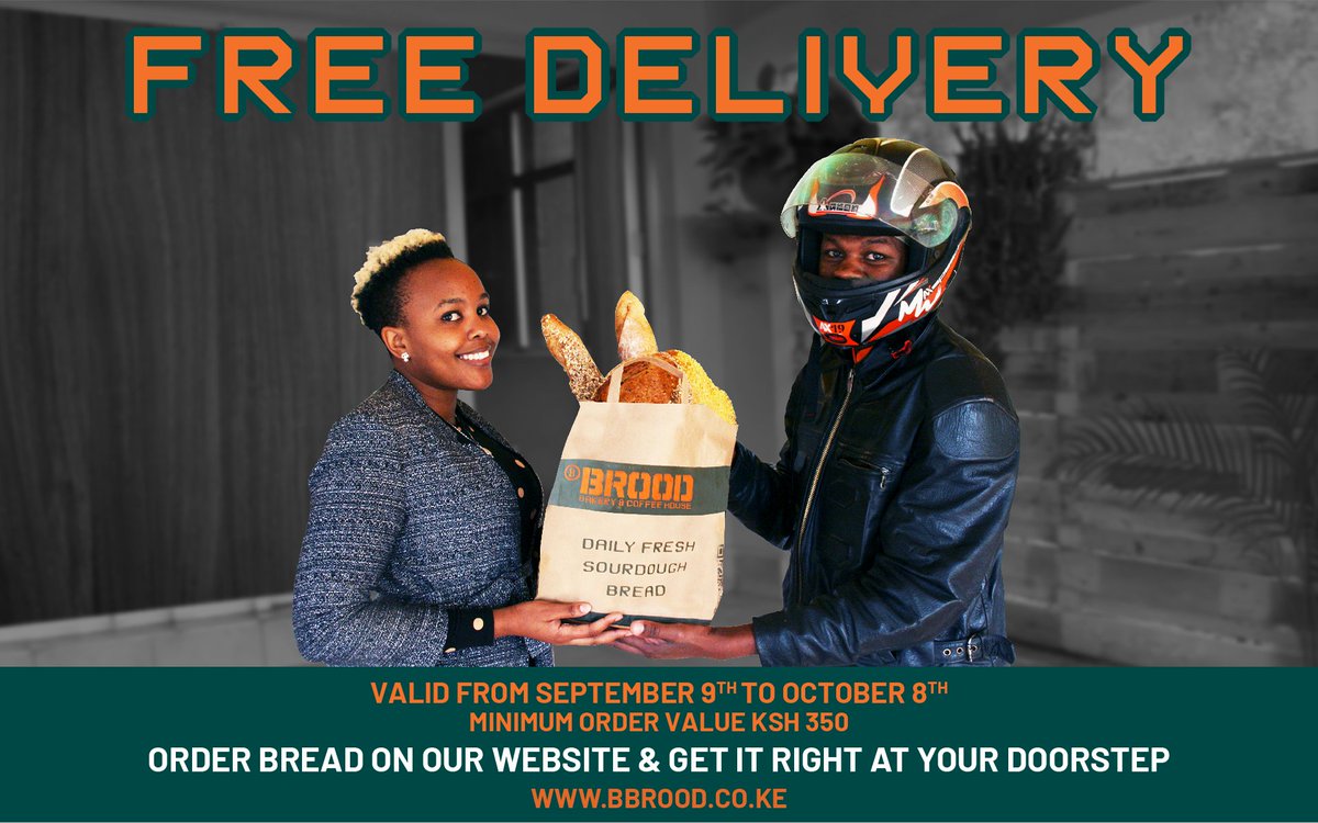 BBROODKenya's tweet photo. 🥖🏍️#FREE DELIVERY! Order fresh bread from BBROOD website &amp; get it right at your doorstep!
Vist https://t.co/HgUsoIJdWw
Offer valid from 9th September to 8th October.
Minimum order is products worth 350 Ksh-/ https://t.co/2aMhFNpxgX