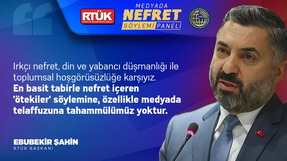 RTÜK Başkanı <a href="/ebekirsahin/">Ebubekir Şahin</a>:

"Irkçı nefret, din ve yabancı düşmanlığı ile toplumsal hoşgörüsüzlüğe karşıyız. En basit tabirle nefret içeren 'ötekiler' söylemine, özellikle medyada telaffuzuna tahammülümüz yoktur."

📍Nefret Söylemi