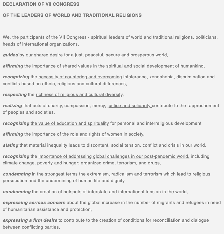 NovusOrdoWatch's tweet photo. Bizarre! The full English text of the #FinalDeclaration adopted by the Congress of Leaders of World and Traditional Religions today has been removed from the official web site: https://t.co/KrnrWtxpeJ Here are screenshots of what was posted there earlier. >>> #PopeinKazakhstan https://t.co/ZINietxwuY