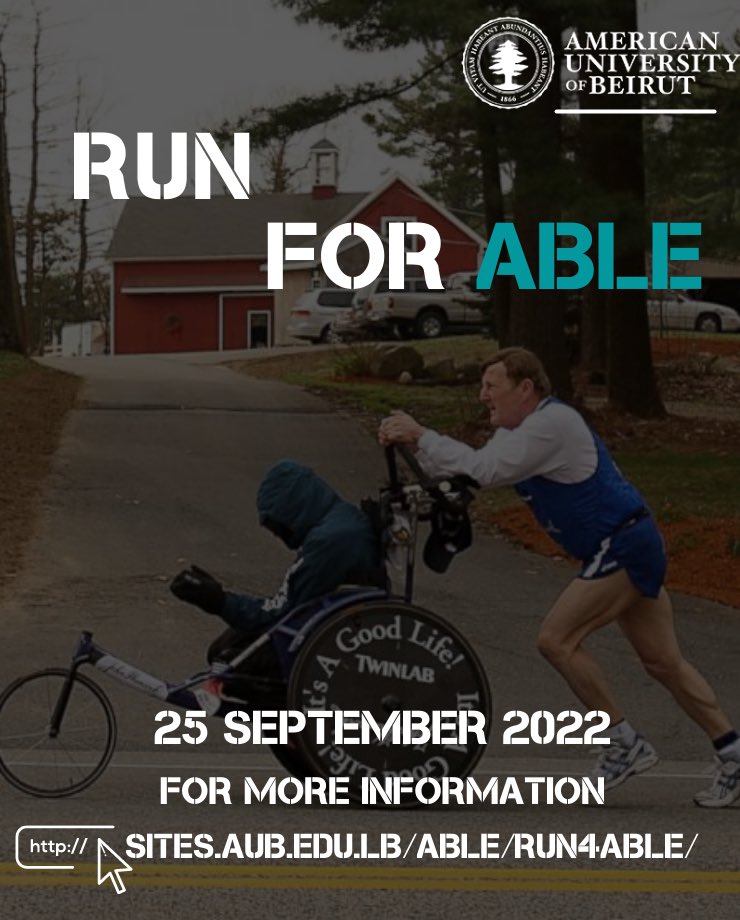 Talal and Madiha Zein AUB Innovation Park (@aubipark) on Twitter photo Let’s Run together 🏃♀️🏃♀️🏃♀️.... but this time we Run for ABLE👩🏻🦼🧑🏼🦽👨🏾🦯.
📍Meeting point: I❤️Beirut Sign, DT
⏰Meeting time: 3:30PM
📌Destination: <a href="/BeirutDigitalD/">BDD</a> 
If you can't join our walk, don't miss out on the fun gathering that will take place @BDD
alumni.aub.edu.lb/s/1716/bp20/In…
#AUB Let’s Run together 🏃♀️🏃♀️🏃♀️.... but this time we Run for ABLE👩🏻🦼🧑🏼🦽👨🏾🦯.
📍Meeting point: I❤️Beirut Sign, DT
⏰Meeting time: 3:30PM
📌Destination: <a href="/BeirutDigitalD/">BDD</a> 
If you can't join our walk, don't miss out on the fun gathering that will take place @BDD
alumni.aub.edu.lb/s/1716/bp20/In…
#AUB
