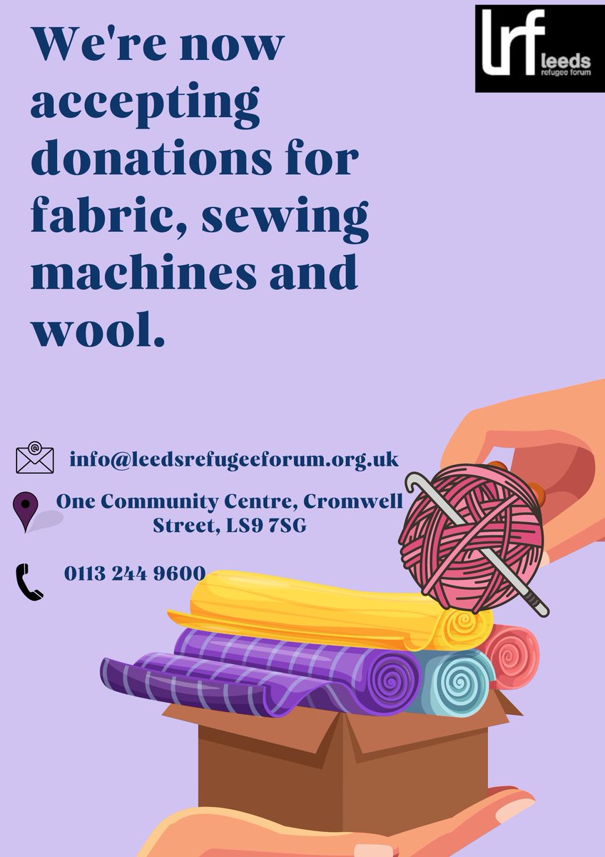 LeedsRF's tweet photo. We're now accepting donations for fabric, sewing machines and wool for our women's wellbeing group to enable our service users to fully engage in the art therapy we provide. Any donation, big or small, will be greatly appreciated. https://t.co/IE4UetcnqV
