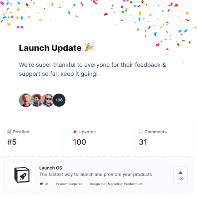 We reached 100 upvotes!!  ⚡️
Shoutout to <a href="/ProductHunt/">Product Hunt 😸</a> <a href="/NotionHQ/">Notion</a> and <a href="/figma/">Figma</a> .

Launch OS
The most powerful bundle of useful launch strategies, resources, and templates to ensure that you always have the best product launch.

#notion #notiontemplate