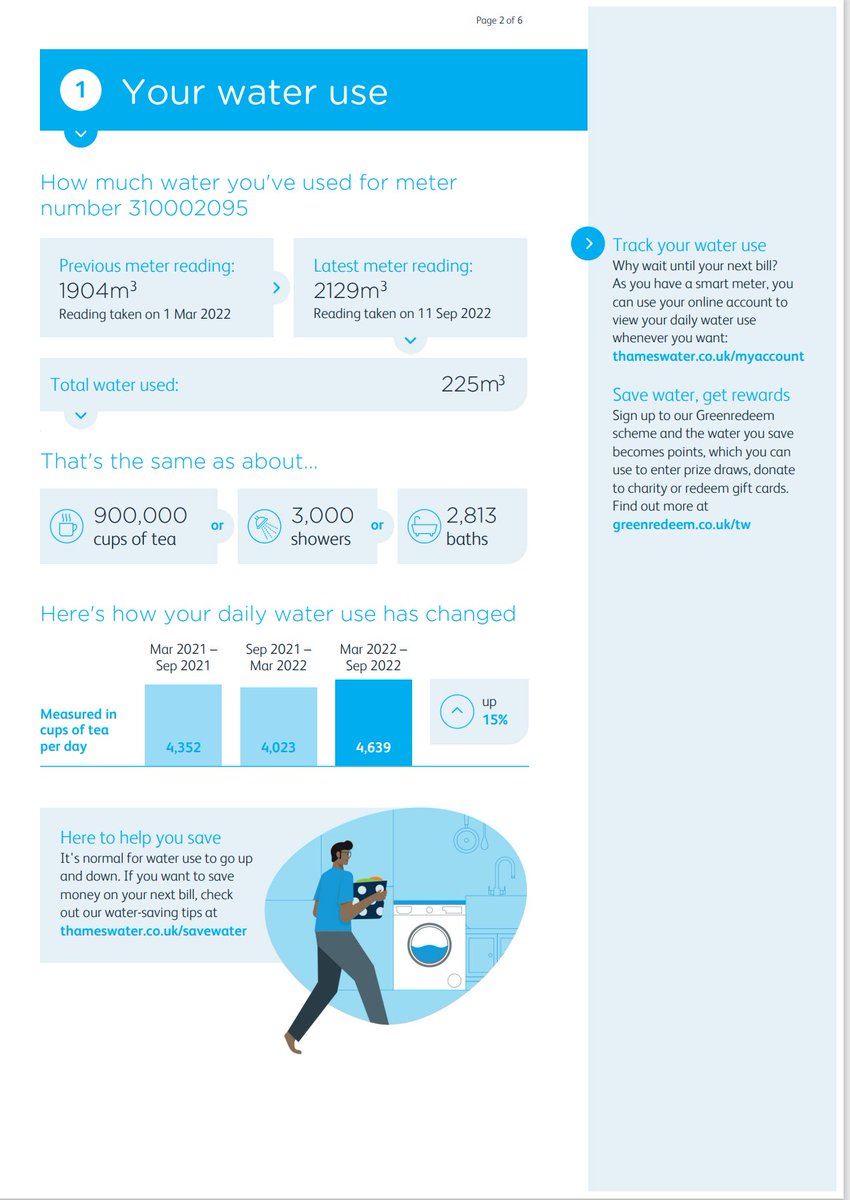 matthewqt's tweet photo. Does Thames Water really think it is useful to tell me how many cups of tea every day my water usage is? Am I the only person who prefers to think in litres? Or maybe they should use the standard BBC measure of "Olympic Swimming Pools" https://t.co/OFA9DrKo14