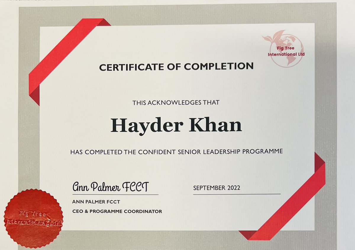 hayderkhan1974's tweet photo. Thanks to @Ann_Palmer20 Fmr. #Headteacher and CEO of #figtreeinternational #BAME #leadershipnetwork for an amazing year long programme of #talentdevelopment and #mentoring 
I rec’d my certificate of completion today - so happy! 😄
#leadersforgood #changemanagement 
#excellence https://t.co/HpE4D4KNjj