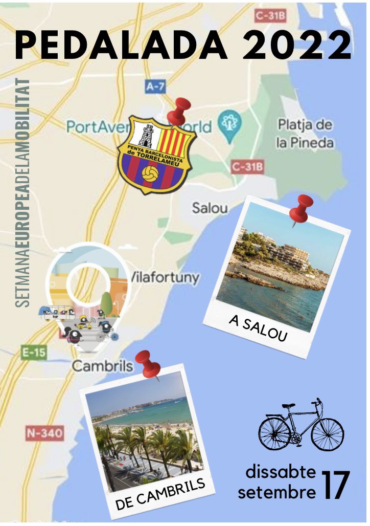 La PBT us proposa un any més, participar en la _setmana Europea de la mobilitat._ Aquest cop hem preparat una *pedalada* pel passeig marítim de _Cambrils a Salou._  el dia 17 de setembre.