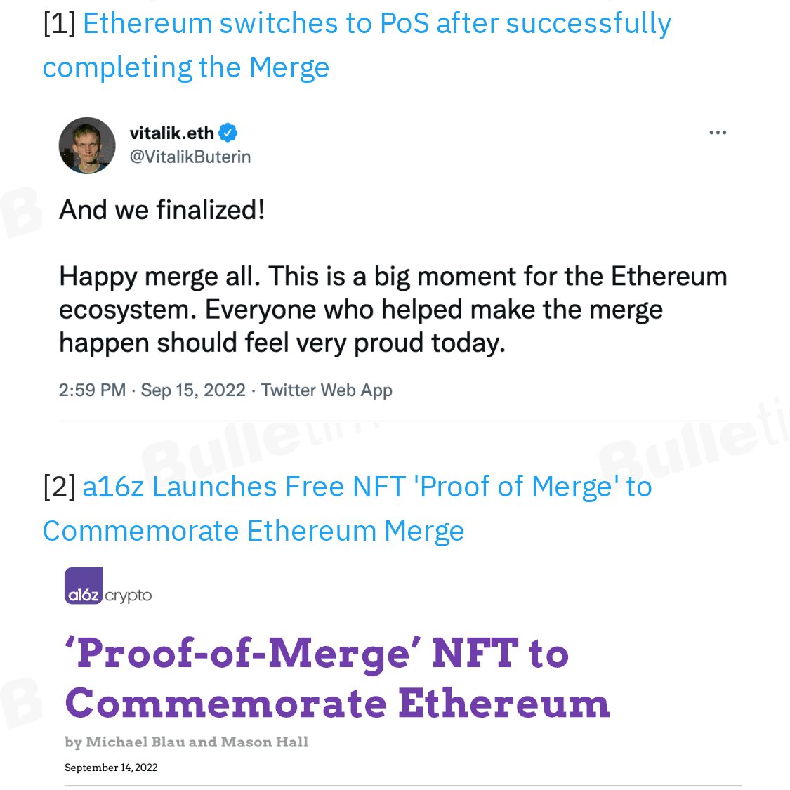 bulletimexyz's tweet photo. 🔥Latest News Highlights🔥
1⃣Ethereum successfully completing the Merge.
2⃣Free NFT collections 'Proof of Merge' & The Merge: Regenesis commemorate the Merge.
3⃣OpenSea launch rarity standard next week.
Full Recap: 👉https://t.co/Le0K6sRtYj
#Bulletime #ETHMerge #nfts https://t.co/oiPVdTbe89
